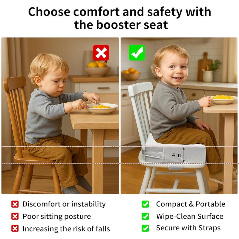 AAAini Toddler Booster Seat for Dining Table – PU Washable Cushion with Double Safe Straps, Non-Slip Bottom, Portable Travel Booster Seat for Toddlers (Grey) - Image 4